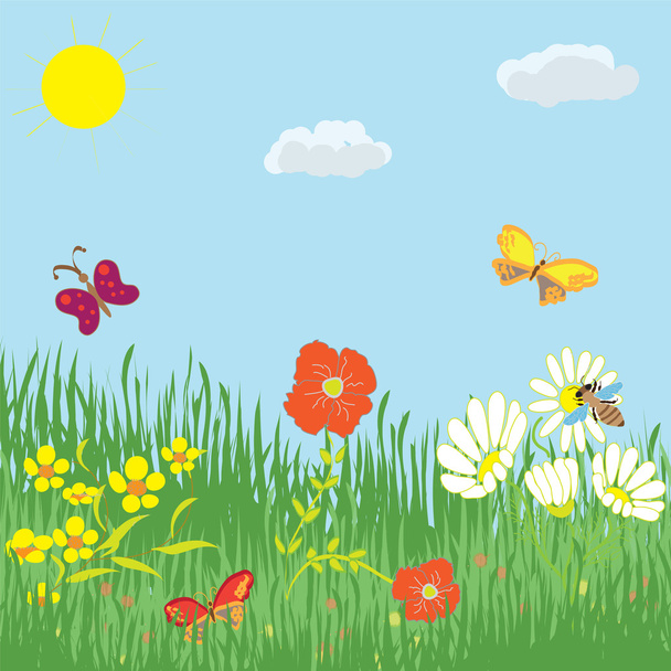Cartoon summer landscape with grass, flowers, butterflies, sky and sun - Vector, Image