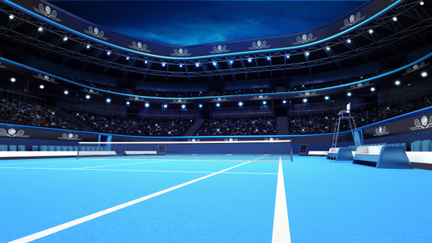 quadra de tênis azul na perspectiva do jogador
 - Foto, Imagem