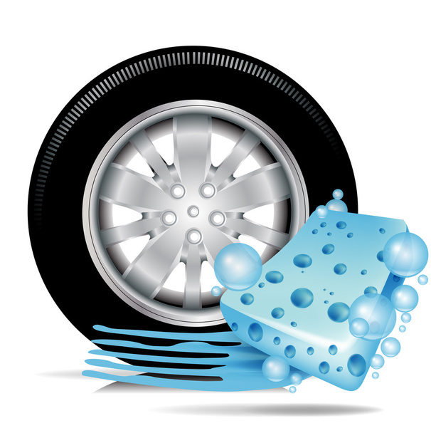 Car tire with blue sponge and water trace - Vector, Image