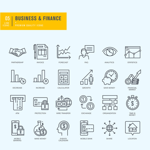 Conjunto de ícones de linha fina. Ícones para negócios, finanças, m-banking
. - Vetor, Imagem