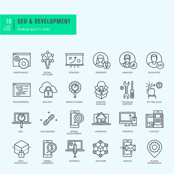 Conjunto de ícones de linha fina. Ícones para seo, website e app design e desenvolvimento
. - Vetor, Imagem