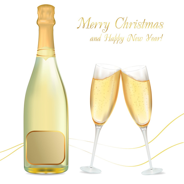 Vector illustration. Two glasses of champagne and bottle - Vecteur, image