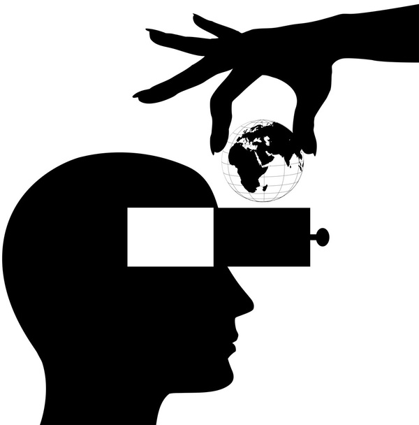Monde de la main dans la tête masculine tiroir esprit ouvert
 - Vecteur, image