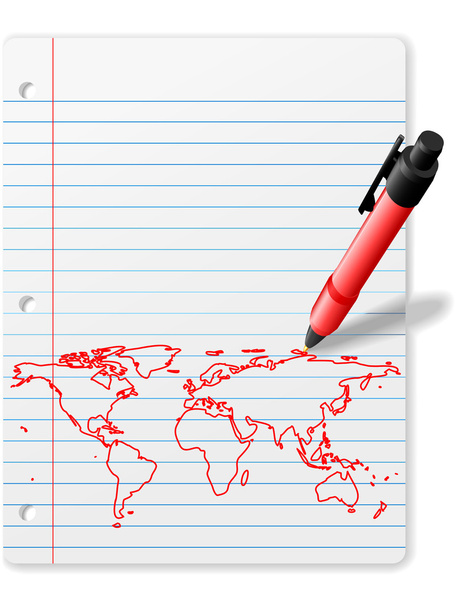 kresba perem mapa světa na notebook papír červený inkoust - Vektor, obrázek