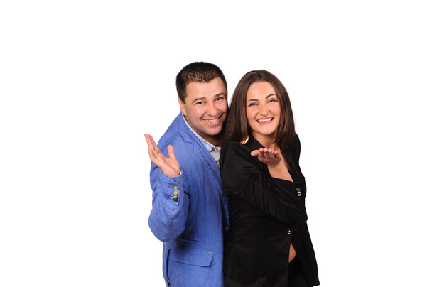 Man and woman with funny faces isolated over white background - Fotografie, Obrázek