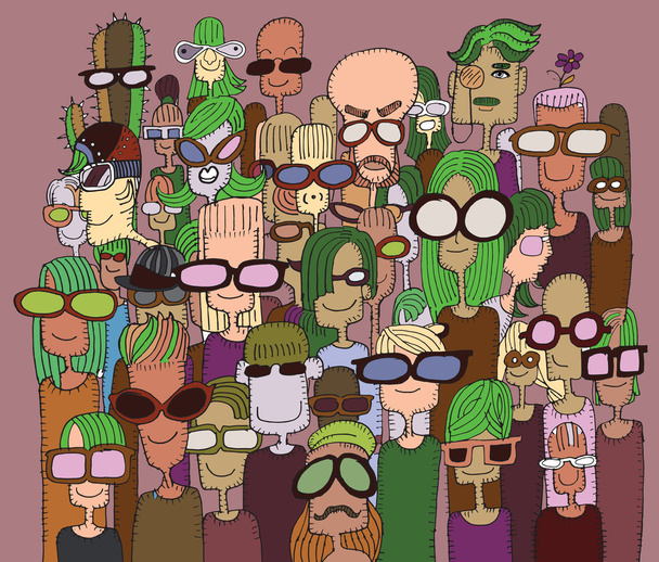 Hipster hand drawn Doodle crowd of happy people in sunglasses - Vector, Image