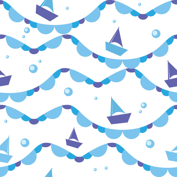 Vector seamless pattern of sea waves and boats - Вектор,изображение