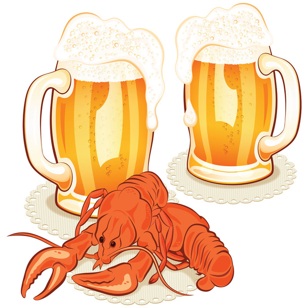 crayfish and wine glass with the beer  - Vector, Image