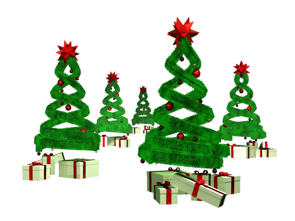 Many gifts under five green design pines - Photo, image