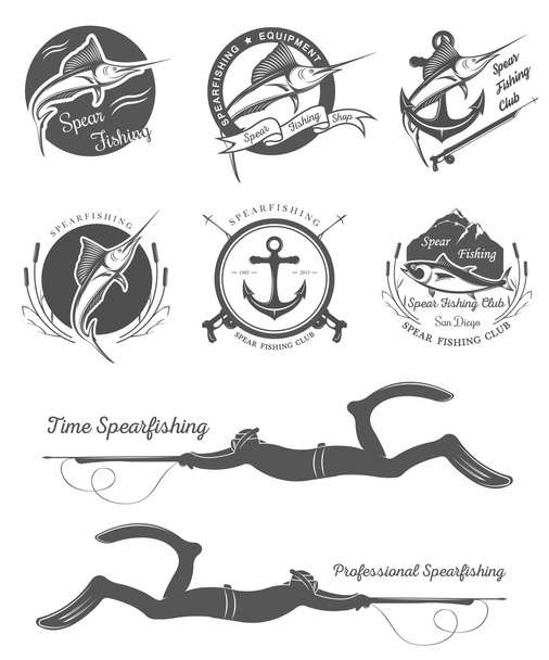 Μεγάλο σύνολο λογότυπα, εμβλήματα και εικονίδια υποβρύχια αλιεία - Διάνυσμα, εικόνα