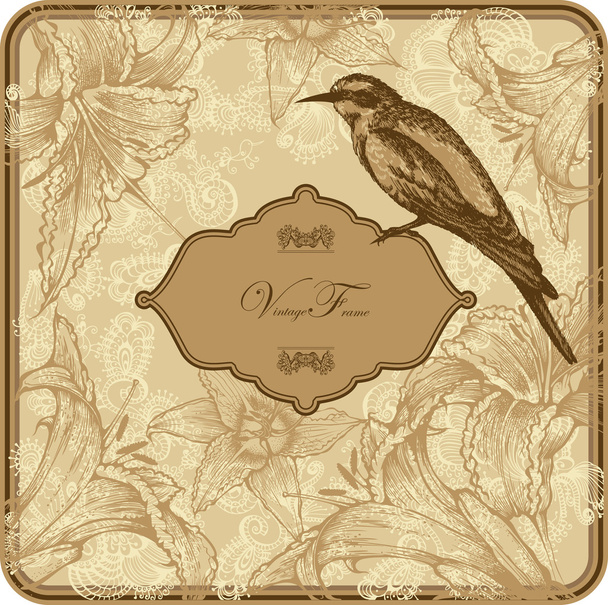 Vintage frame with blooming lilies and birds, hand-drawing. - Vector, afbeelding