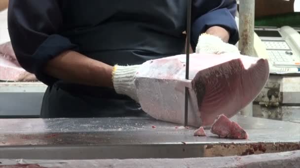 Cięcie mrożonych tuńczyka - Materiał filmowy, wideo