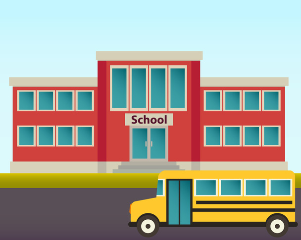 Žlutý autobus na pozadí školní budovy. Vektorové ilustrace - Vektor, obrázek
