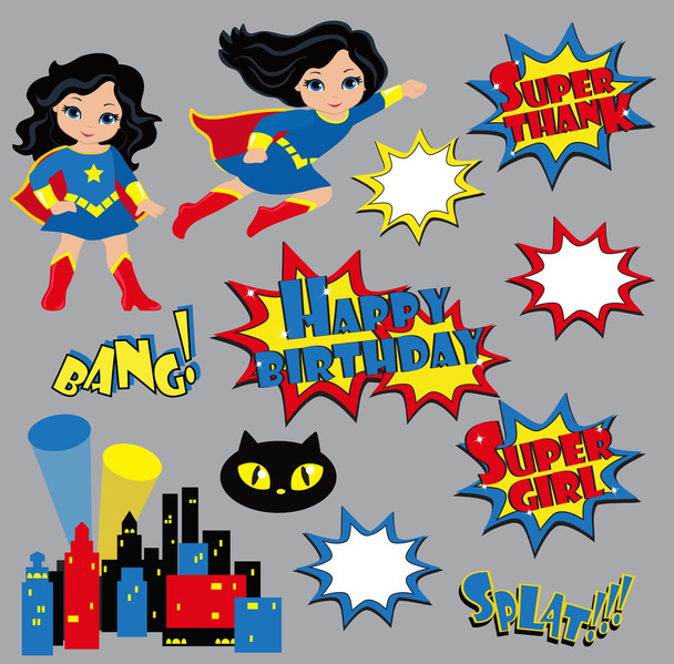 Colorful cartoon text captions. Explosions and noises. Super Girl. Birthday. - Vector, Image