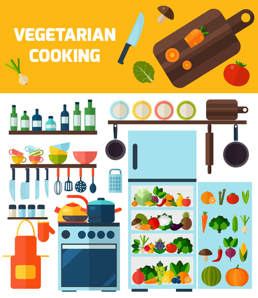 Flat kitchen and vegetarian cooking icons.  - ベクター画像