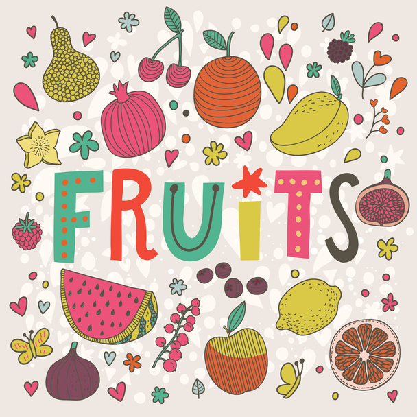 fruits and berries cartoon card - Vektör, Görsel