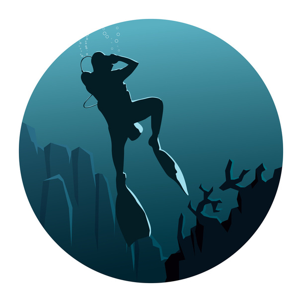 Kulatý obrázek ilustrace potápěče pod vodou. - Vektor, obrázek