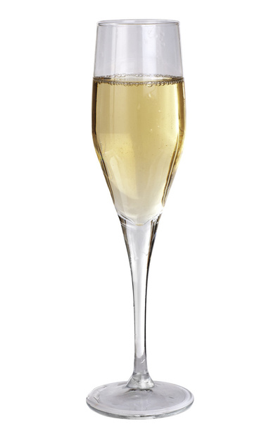 Studio photography of a champagne glass half filled, isolated on white - Photo, Image