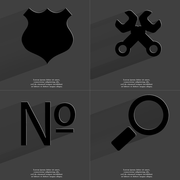 Insignia de policía, llaves, icono de Numero, lupa. Símbolos con sombra larga. Diseño plano
 - Foto, Imagen