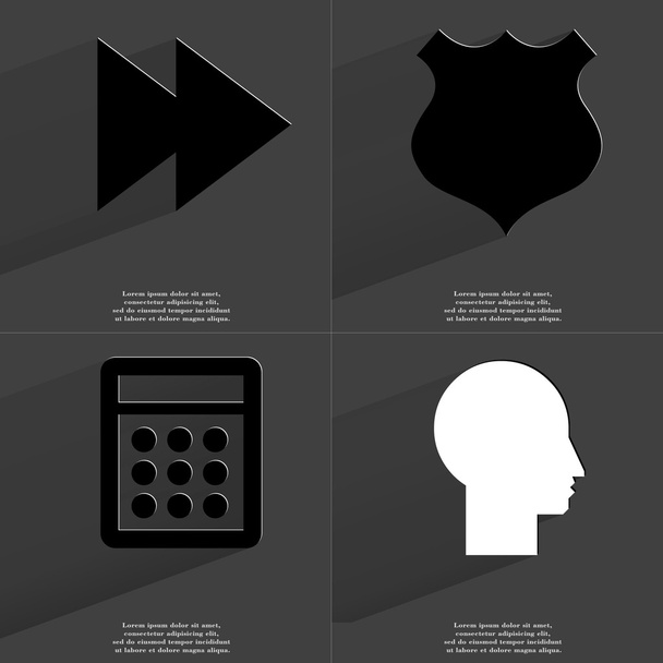 Két nyíl multimédia ikon, Police jelvény, számológép, Silhouette. Szimbólumok a hosszú árnyéka. Lapos kivitel - Fotó, kép