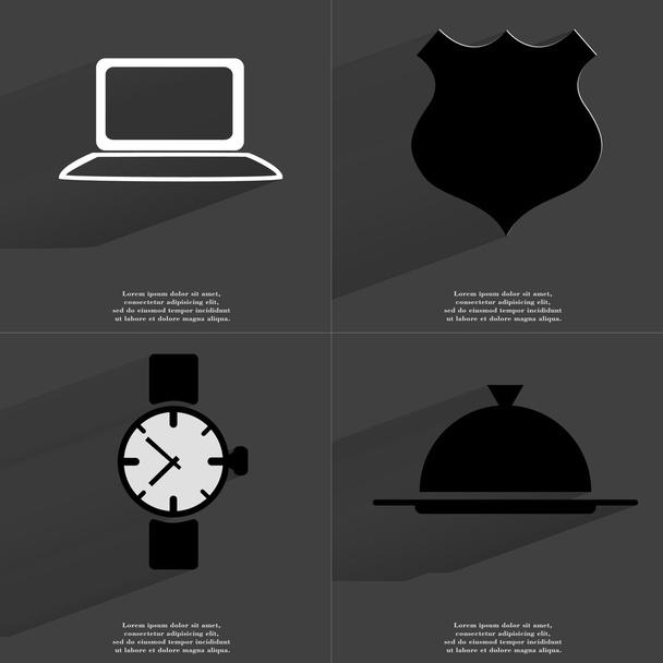 Ноутбук, полицейский значок, наручные часы, поднос. Символы с длинной тенью. Плоский дизайн
 - Фото, изображение