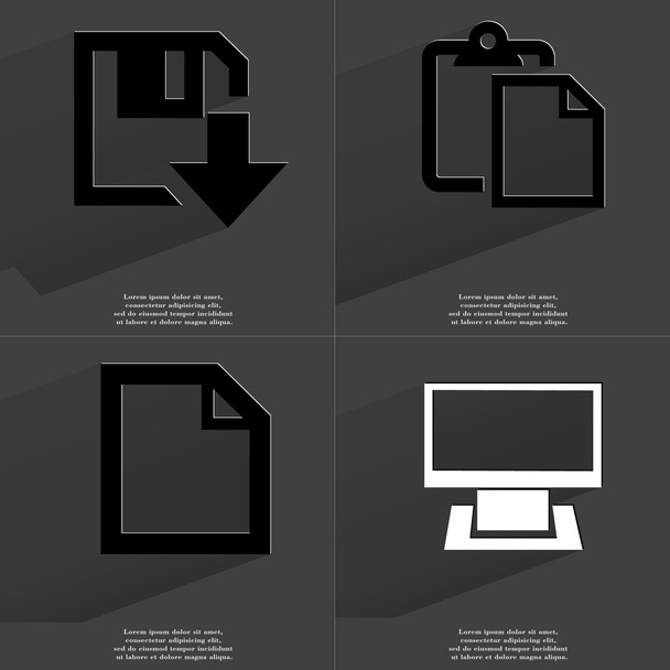 Icono de descarga de disquete, Lista de tareas, Archivo, Monitor. Símbolos con sombra larga. Diseño plano
 - Foto, Imagen