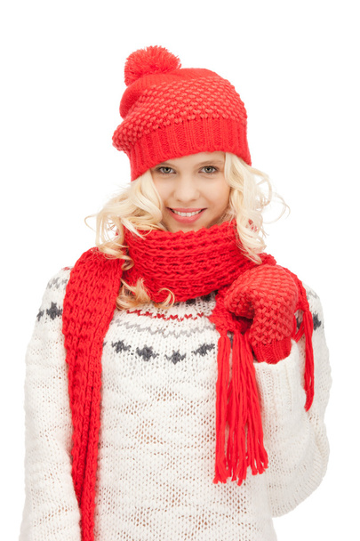 Beautiful woman in hat, muffler and mittens - 写真・画像