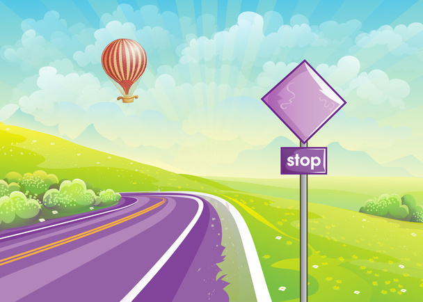 Sommerliche Illustrationsstraße durch Wiesen und ein Luftballon am Himmel. Set 2 - Vektor, Bild
