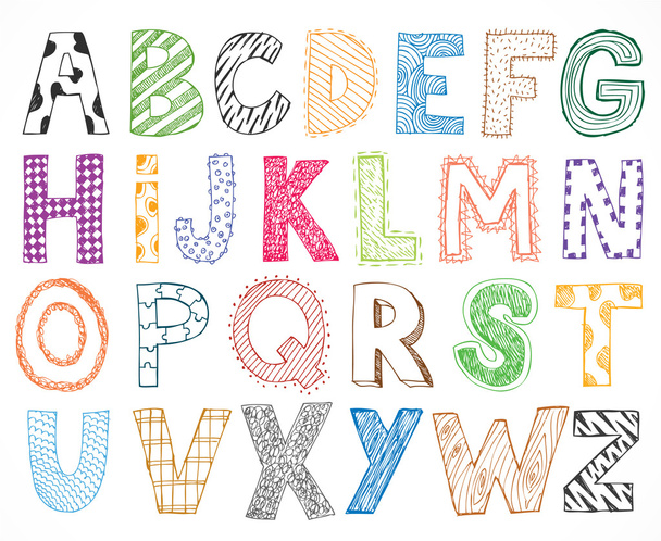 Children kids letter hand drawn cartoon alphabet - Vector, afbeelding
