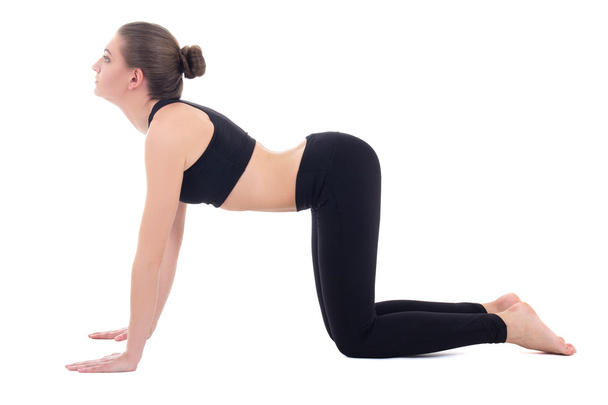 atractiva mujer haciendo yoga aislado en blanco - Foto, Imagen