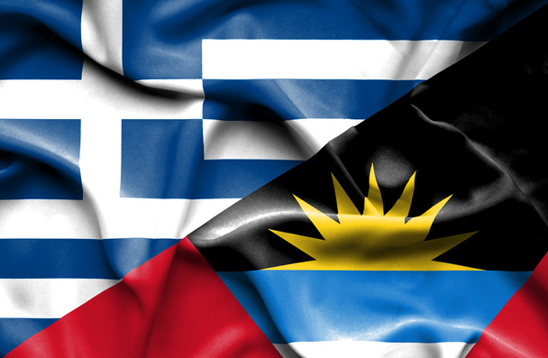 Waving flag of Antigua and Barbuda and Greece - Photo, Image