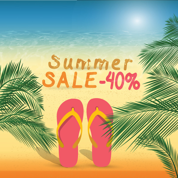 Letní sleva v 40% na písku s letní pantofle . - Vektor, obrázek