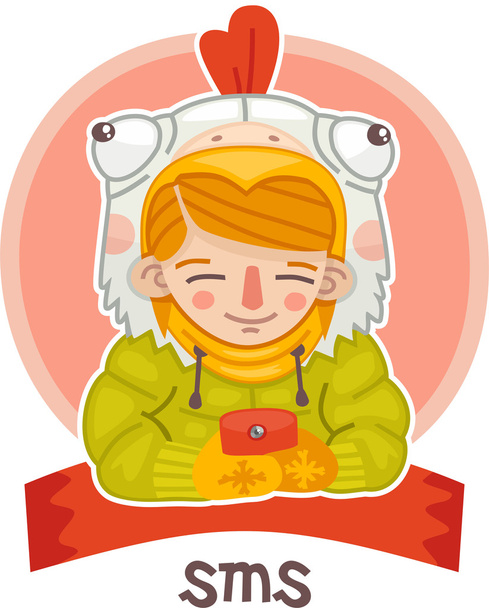 little girl dressed as a chicken is gaining sms - Vector, Image