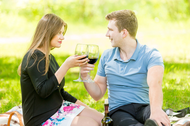 Portrét roztomilý pár, pití vína na piknik - Fotografie, Obrázek