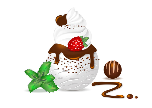 vanilla ice cream with chocolate glaze and whipped cream - Vector, Image