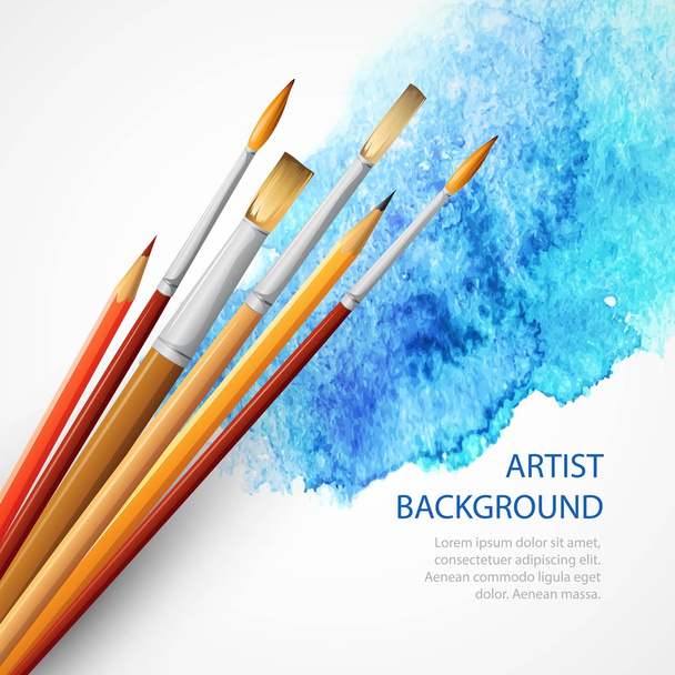 Realistic brush on blue watercolor background - Vector, Image