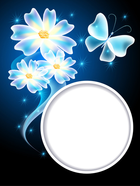 Transparent butterflies, flowers and white frame - Вектор, зображення