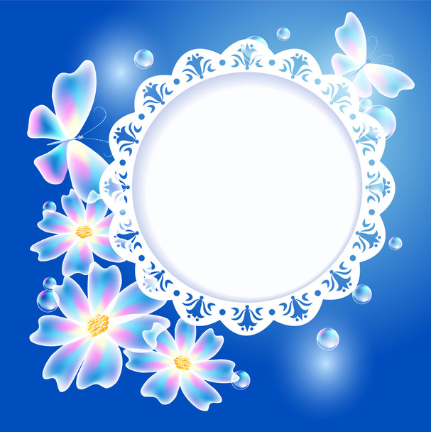 Transparent butterflies, flowers and openwork frame - Vector, Image