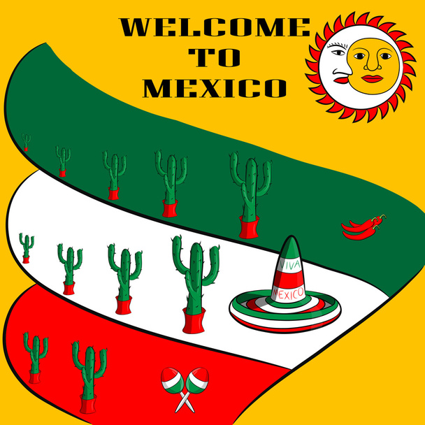 Αφίσα καλωσορίσματος στο Μεξικό με την εικόνα της μεξικανικής σημαία, σομπρέρο, καυτερές πιπεριές τσίλι, μαράκες και πολλή κάκτοι - Διάνυσμα, εικόνα
