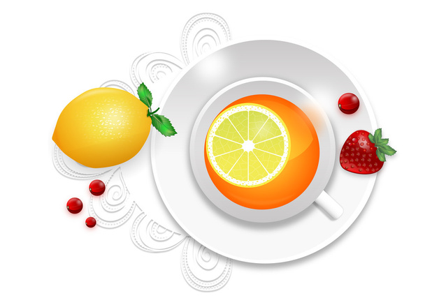 горячий черный чай с лимоном и ягодами на столе вид сверху
 - Вектор,изображение