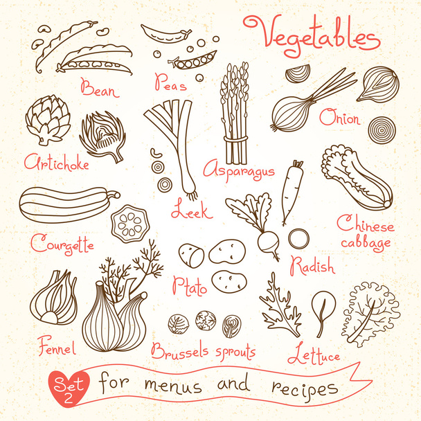 Aseta piirustukset vihanneksia design valikot, reseptit ja pakkaukset tuote
 - Vektori, kuva