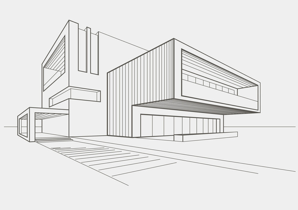 liniowy szkic nowoczesny budynek na jasnoszarym tle - Wektor, obraz