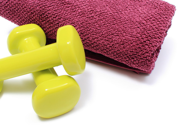 Dumbbells and towel for using in fitness - Fotografie, Obrázek