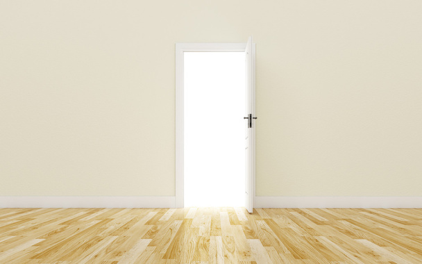 Puerta blanca abierta en la pared marrón, piso de madera
 - Foto, imagen