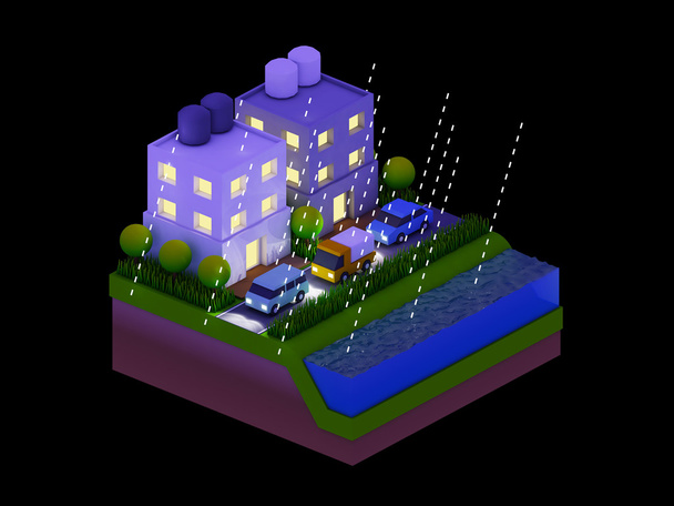  isometric city buildings, landscape, Road and river, night scen - Photo, Image