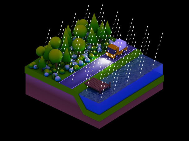  isometric city buildings, landscape, Road and river, night scen - Photo, Image