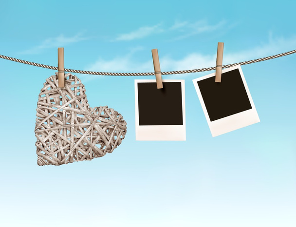 Beautiful wooden heart with photos hanging on a rope. Vector. - Vector, imagen