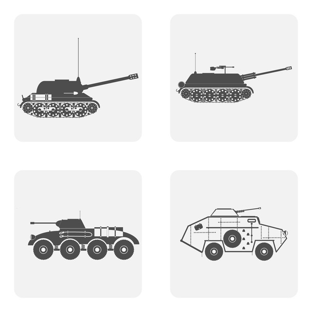 monochrome icon set with military equipment and artileriya - Vector, Image