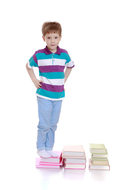 little boy in jeans and a striped t-shirt stands on the stairs - Foto, imagen