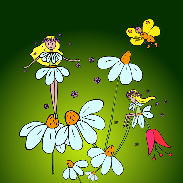 Flower fairies on marguerites - Vector, imagen